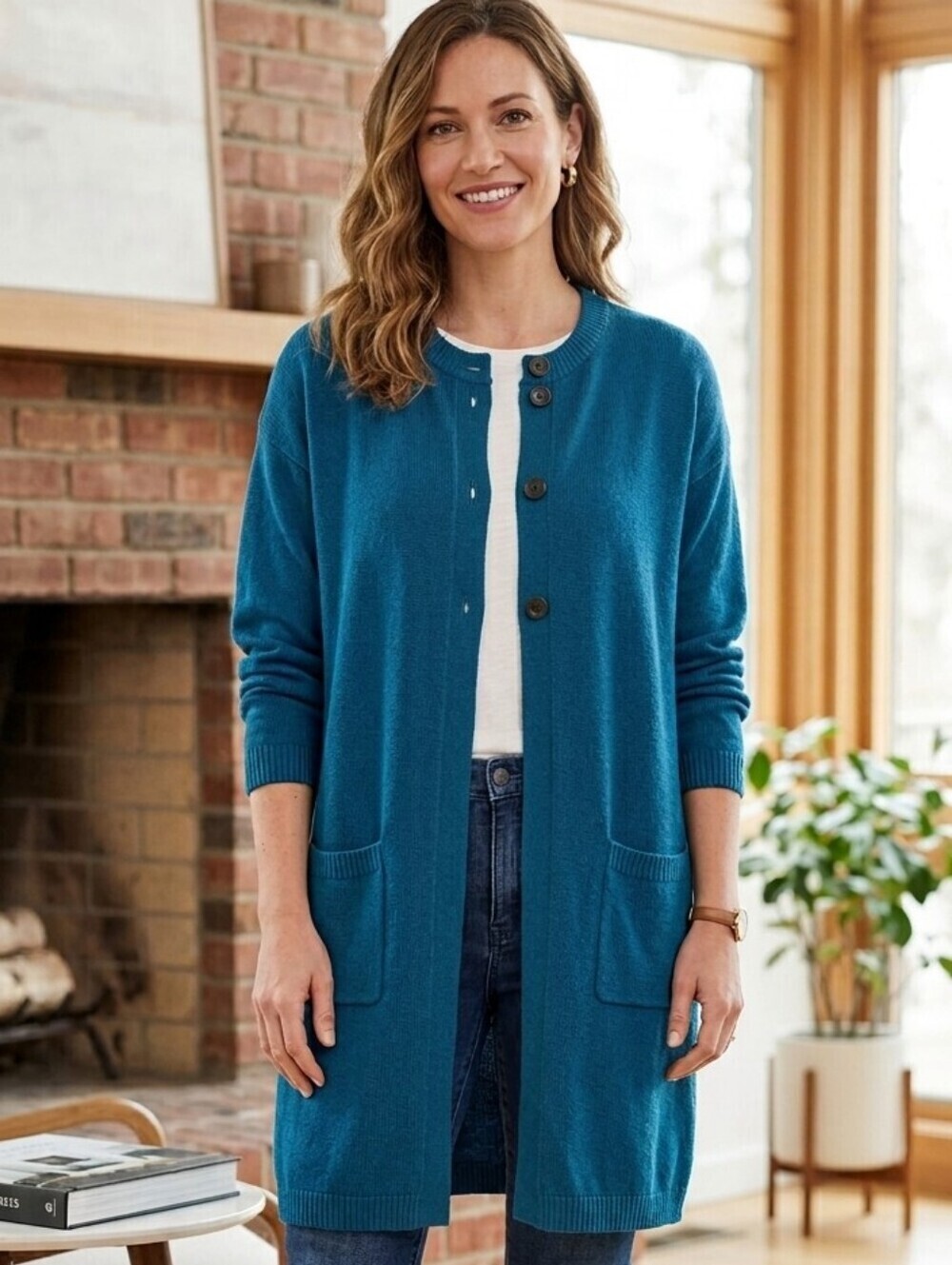 J.Jill Blue Long Cardigan Sweater Size L Front Pockets Button 💙 Long Sleeve